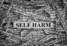 Política de las autolesiones: perspectivas de la experiencia personal Tiras de papel rasgadas con la inscripción "Self Harm" que en español se traduciría como "Daño Autoinflingido"