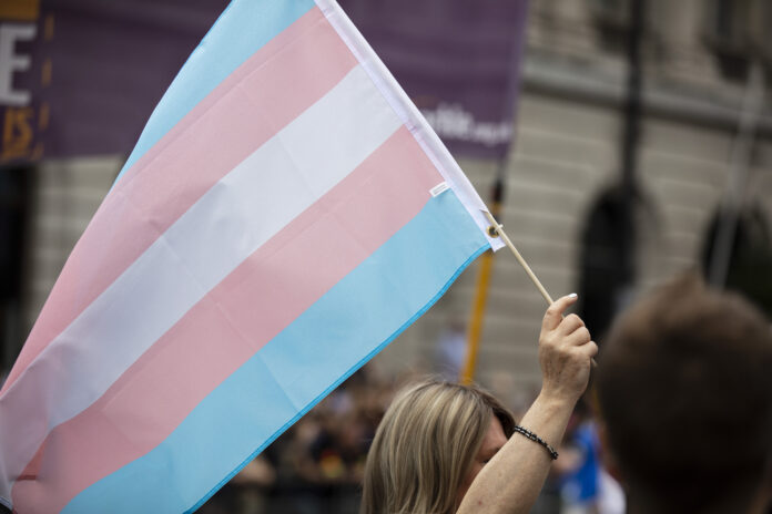 Una bandera con los colores representativos de la población trans, franja azul-rosa-blanca-rosa-azul