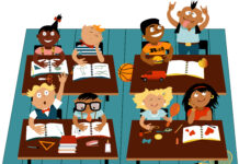 Visión psicosocial del Trastorno en el Déficit de Atención (TDAH) en jóvenes y adultos. Varias infancias en un salón de clases, algunas se notan aburridas, otras atentas y uno en la esquina superior izquierda se levanta sobre su banca.