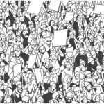 Se pueden apreciar, en blanco y negro, la silueta de distintas personas manifestándose